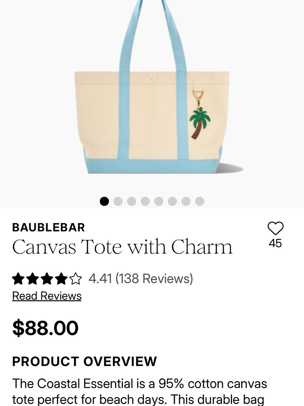 BaubleBar Canvas Tote in Cream with Light Blue Trim and Palm Charm